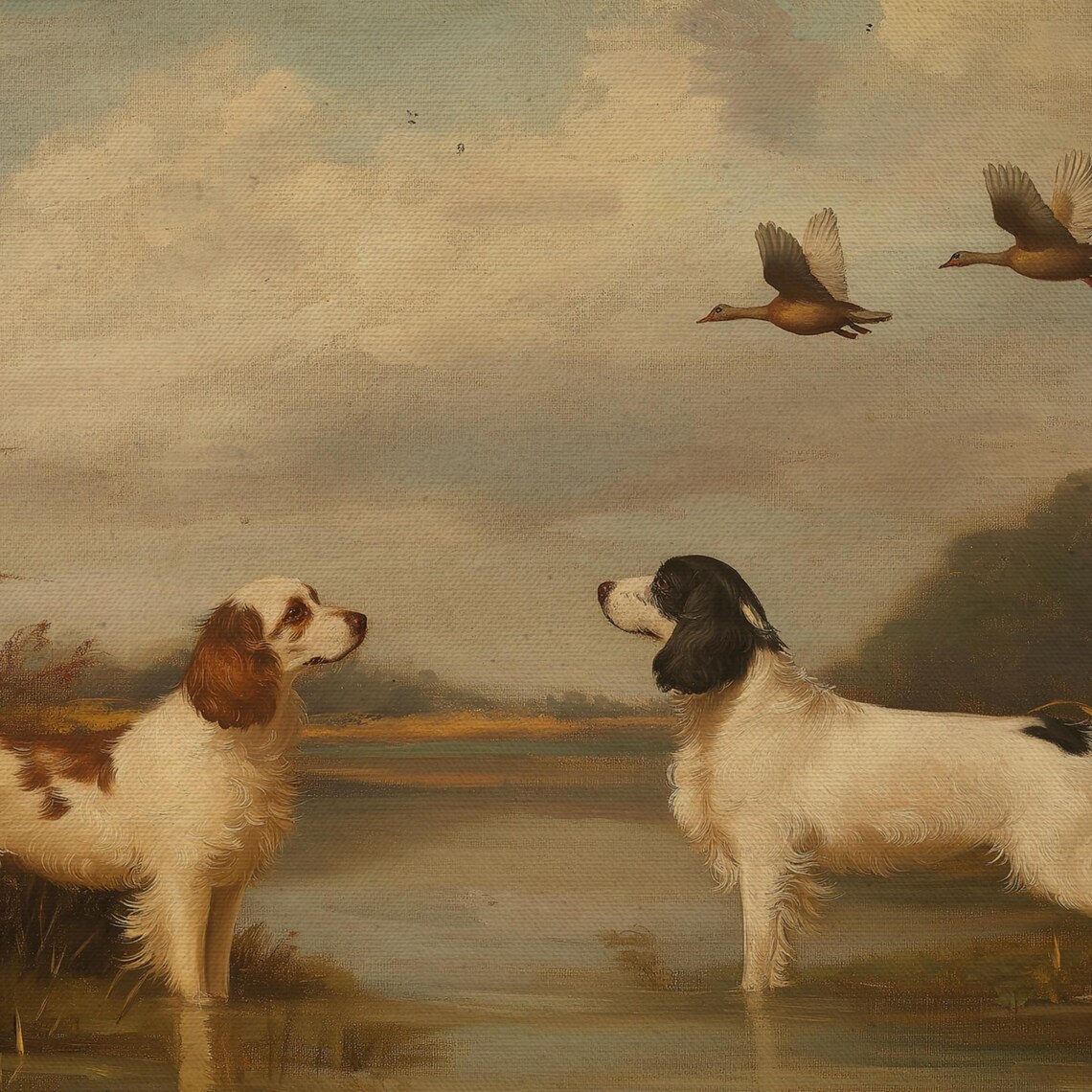 Spaniels In Marshland With Flying Ducks Muted Vintage Oil Painting Poster - Image 4