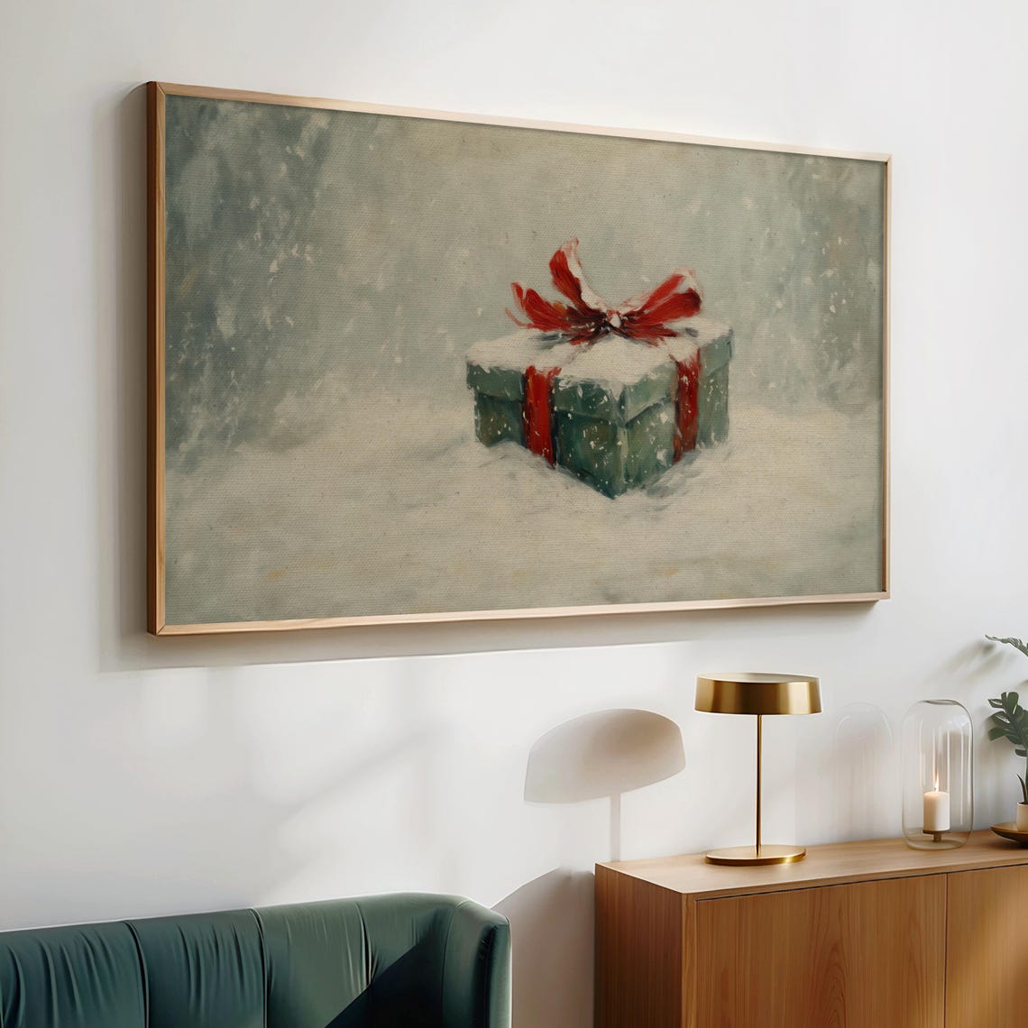 Snowy Christmas Gift Box Red Bow Winter Landscape Holiday Poster - Image 2