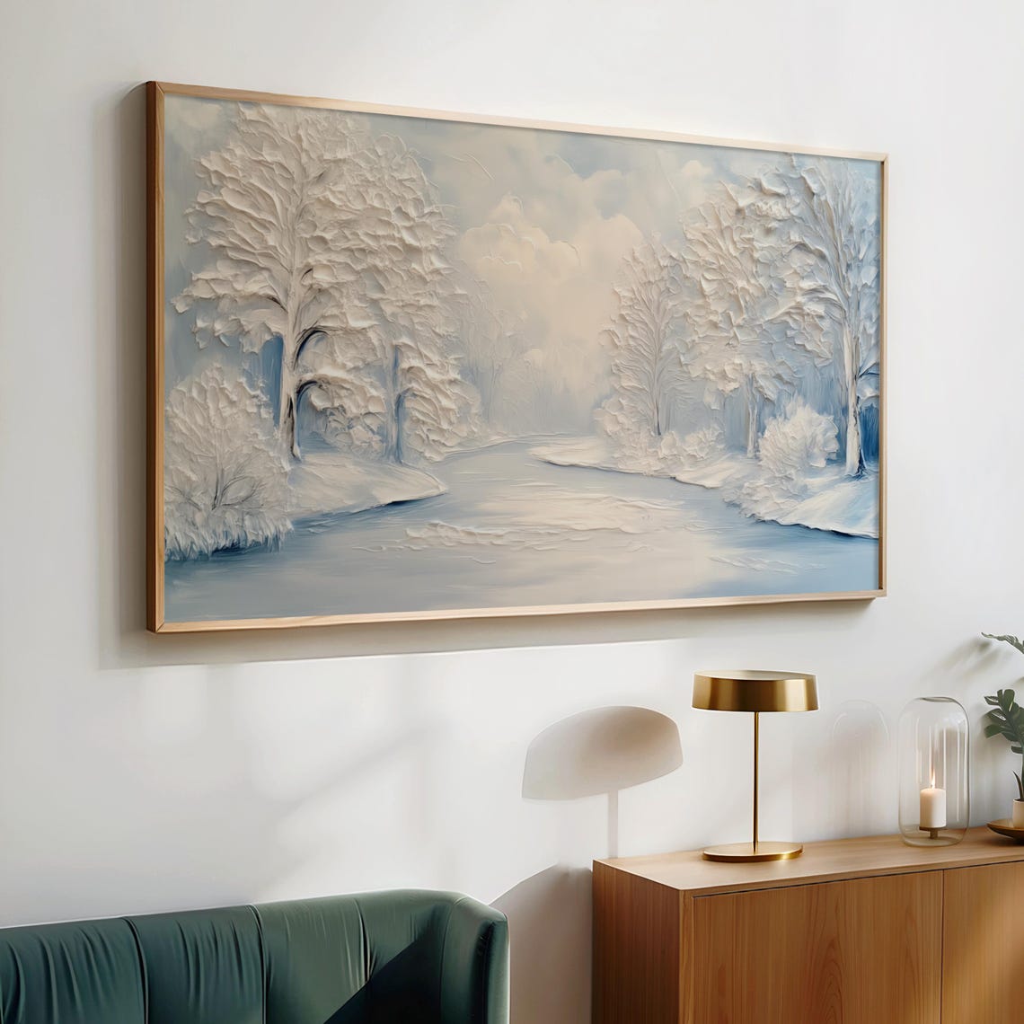 Frosted Winter Trees Frozen River Textured Impasto Painting Poster - Image 2