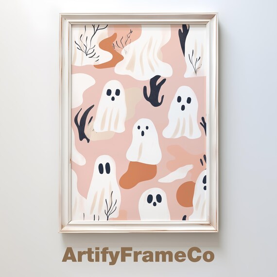 Cute Ghost Pattern On Blush Pink Modern Halloween Art Poster
