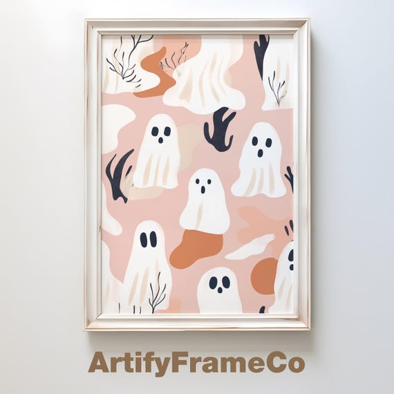 Cute Ghost Pattern On Pink Background Art Kawaii Halloween Decor Minimalist Wall Art Trendy Print Wall Decor