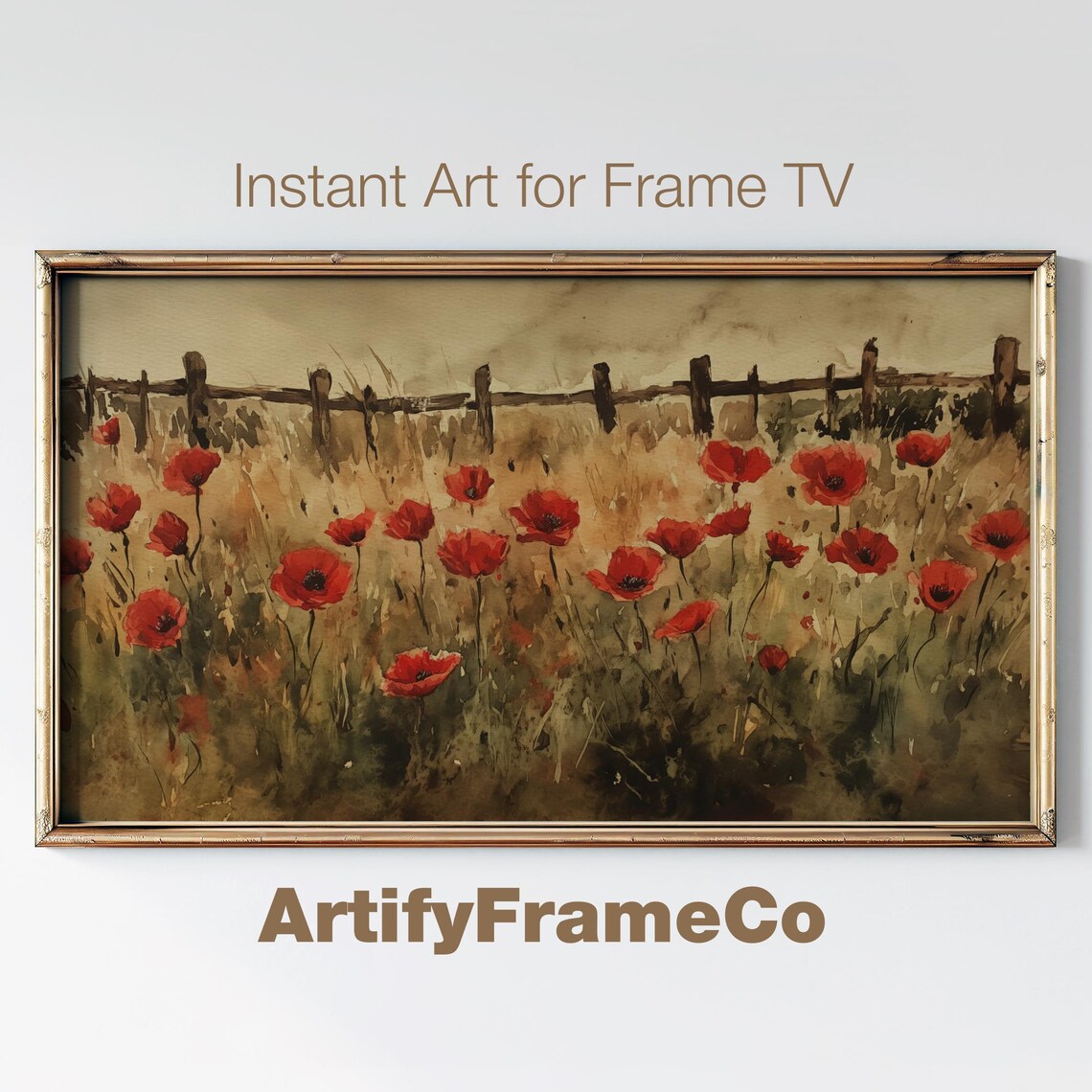 Red Poppy Field Wooden Fence Rustic Watercolor Landscape Poster