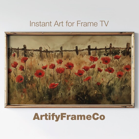 Red Poppy Field Wooden Fence Rustic Watercolor Landscape Poster