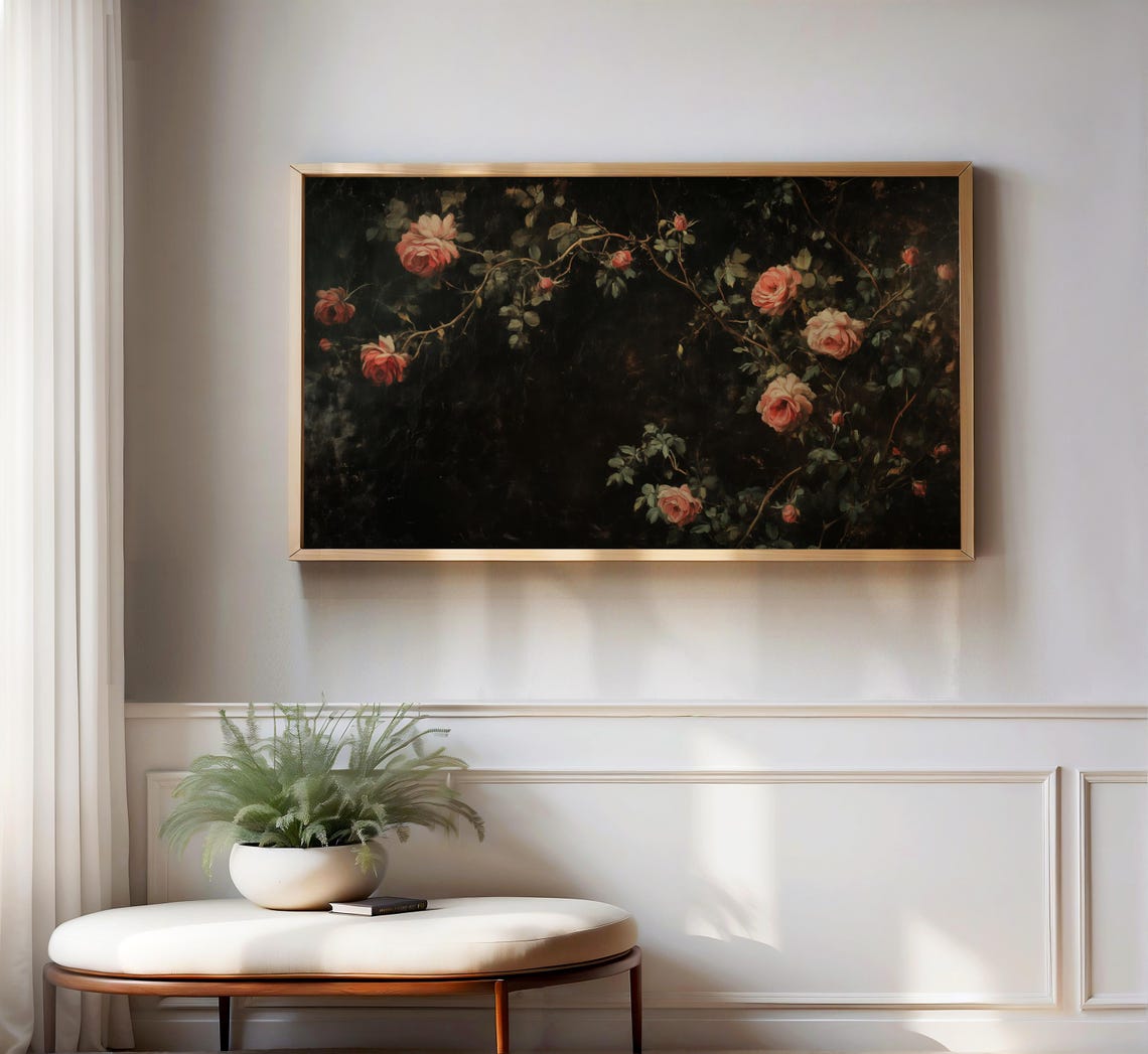 Climbing Pink Roses Dark Vines Moody Vintage Frame TV Art Poster - Image 3
