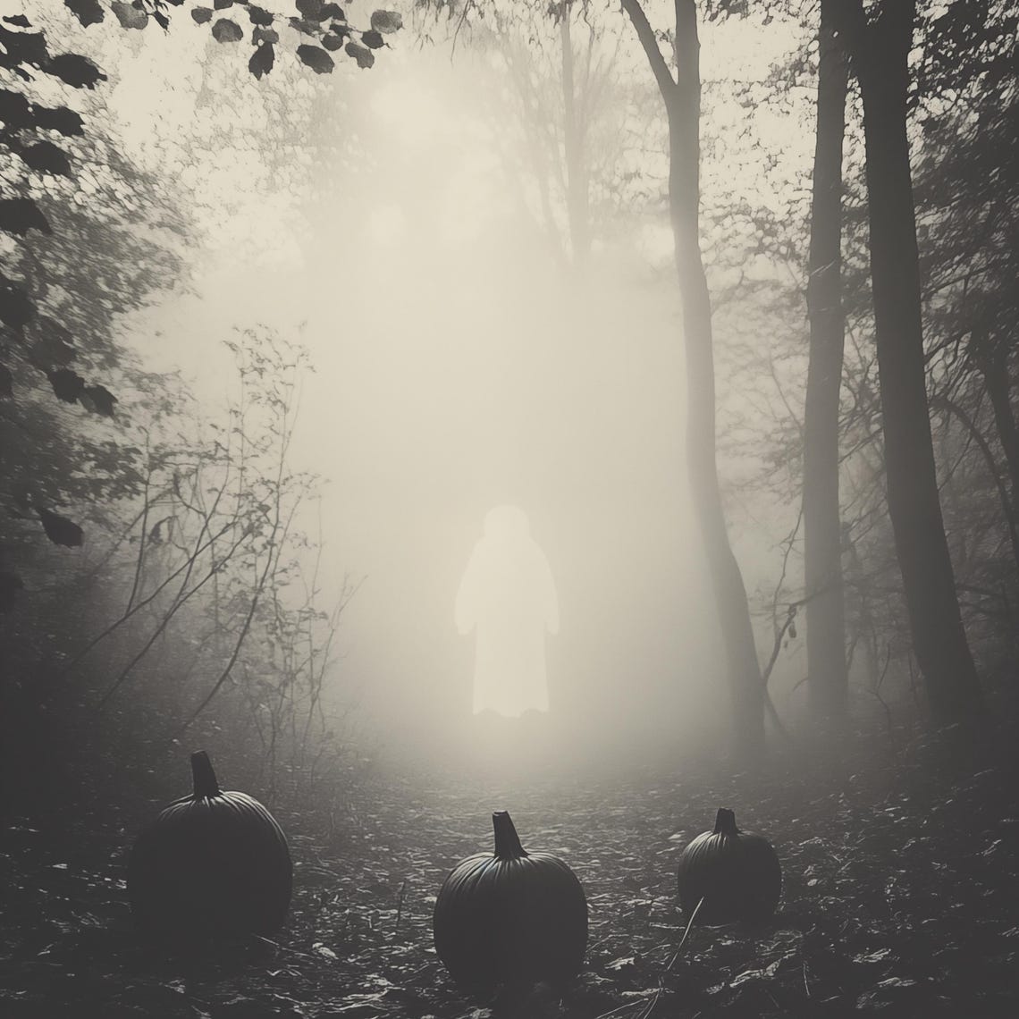 Ghostly Figure In Foggy Pumpkin Forest Moody Halloween Poster - Image 4