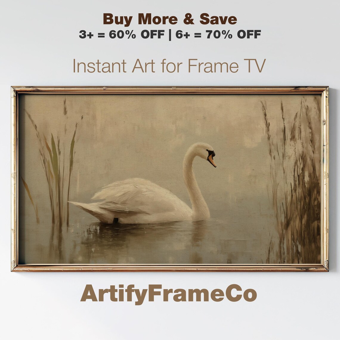 White Swan Reeds Vintage Rustic Oil Painting Frame TV Art Poster