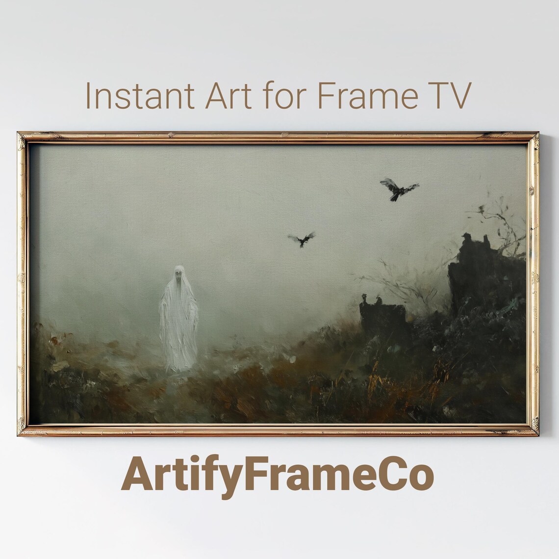 Solitary Ghost in Foggy Ruins With Crows Moody Vintage Halloween Wall Art