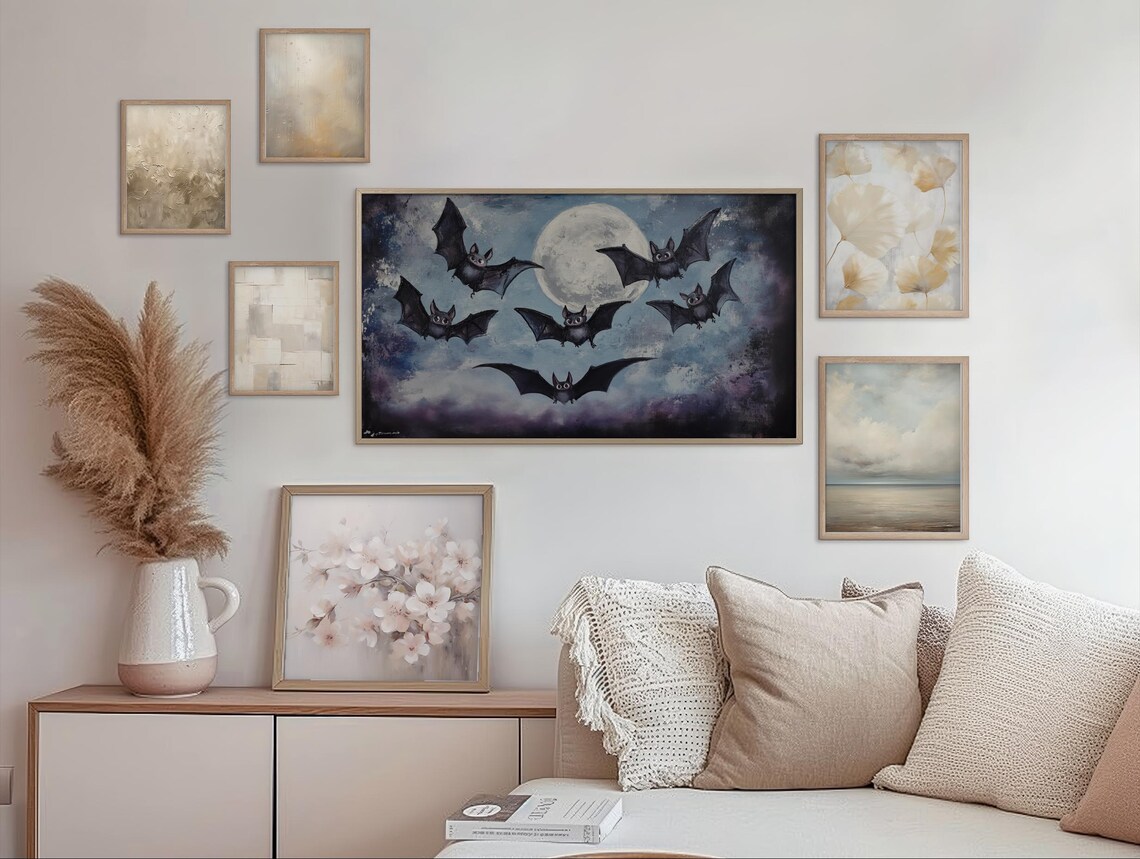Cute Bats Flying Before a Full Moon Night Sky Vintage Halloween Wall Art - Image 2