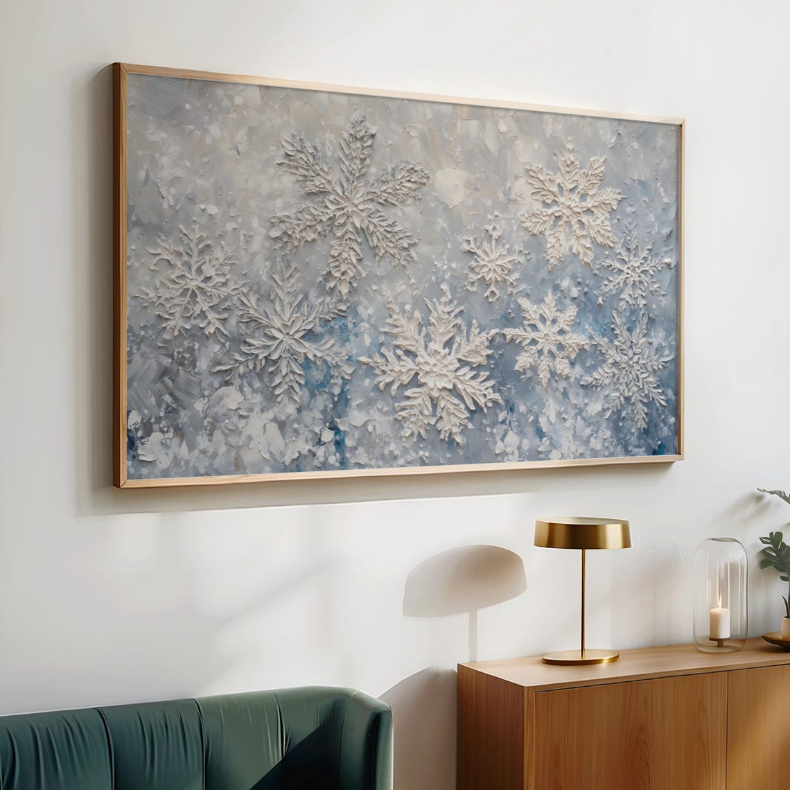 Textured Snowflake Close Up Winter White Blue Frame TV Art Poster - Image 2