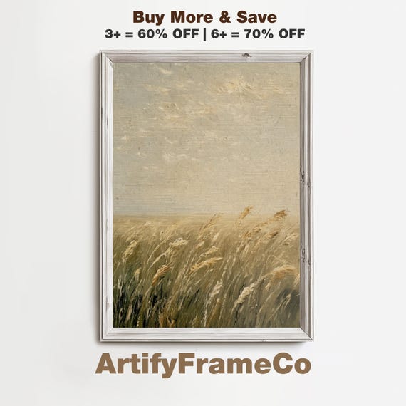 Windswept Meadow Wall Art Olive Green Vintage Style Bedroom Year Round Textured Oil Painting Cloudy Sky