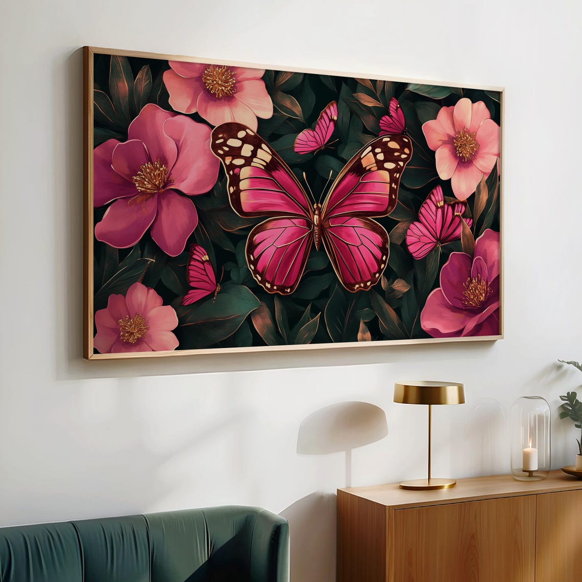 Pink Butterflies and Blossoms Dark Botanical Glam Garden Art Poster - Image 2