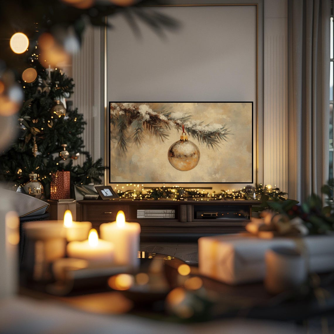 Gold Bauble on Snowy Pine Branch Warm Antique Christmas Glow Poster - Image 3