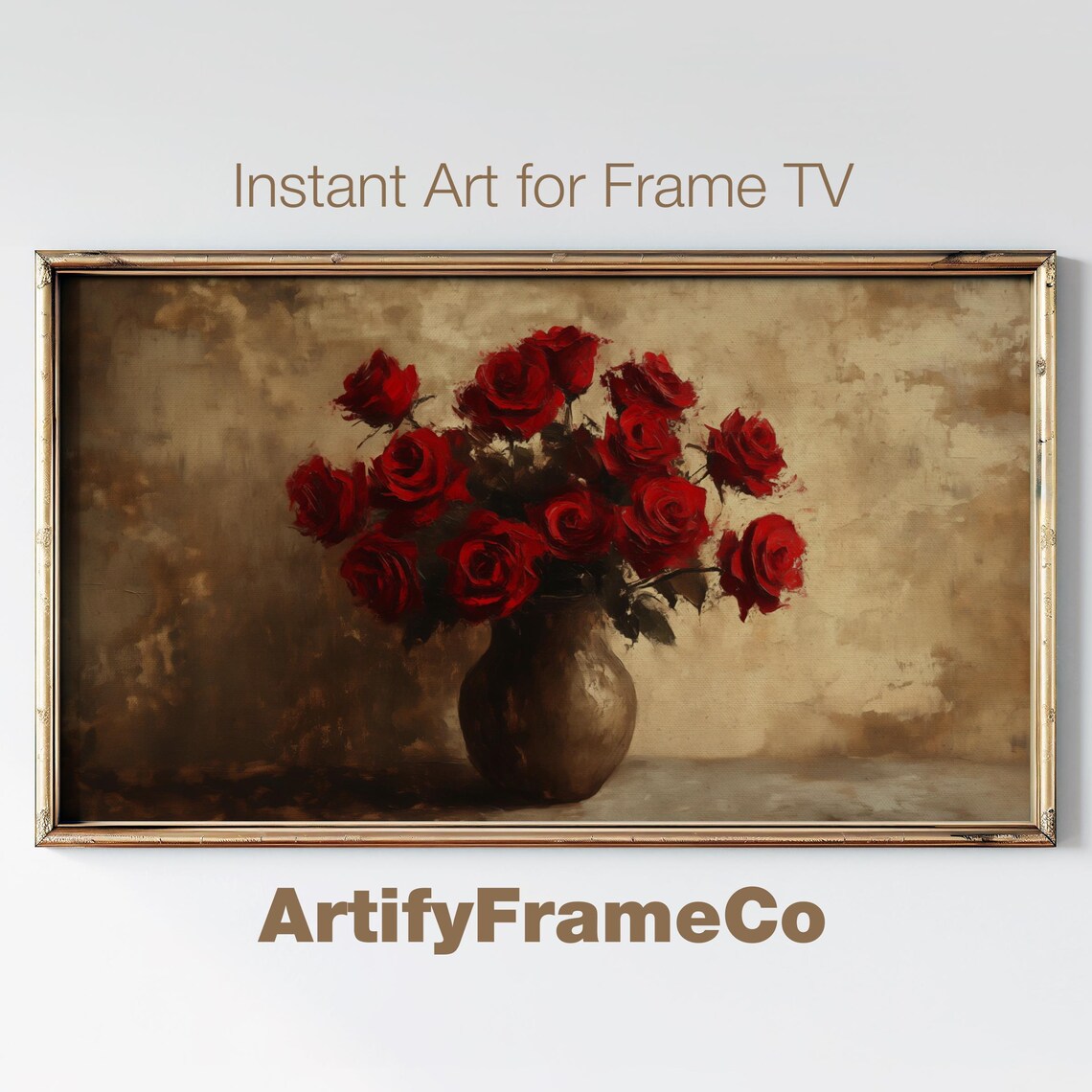 Red Rose Bouquet Moody Dark Vintage Botanical Oil Painting Poster