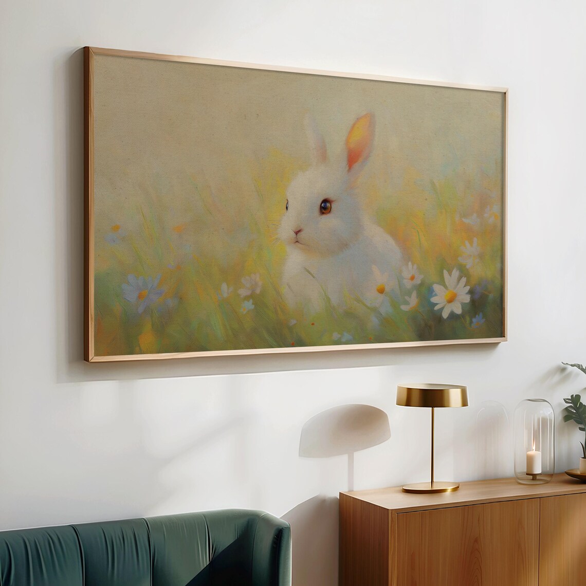 White Bunny Rabbit Among Daisies Spring Wildflowers Dreamy Pastel Art Print - Image 2
