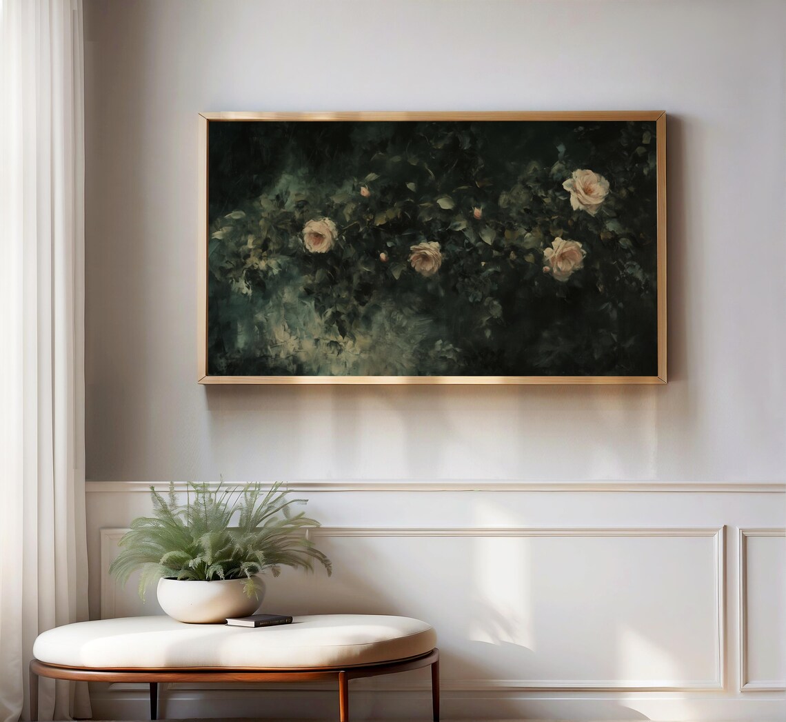 Moody Dark Floral Cream Wild Roses Vintage Frame TV Art Poster - Image 3
