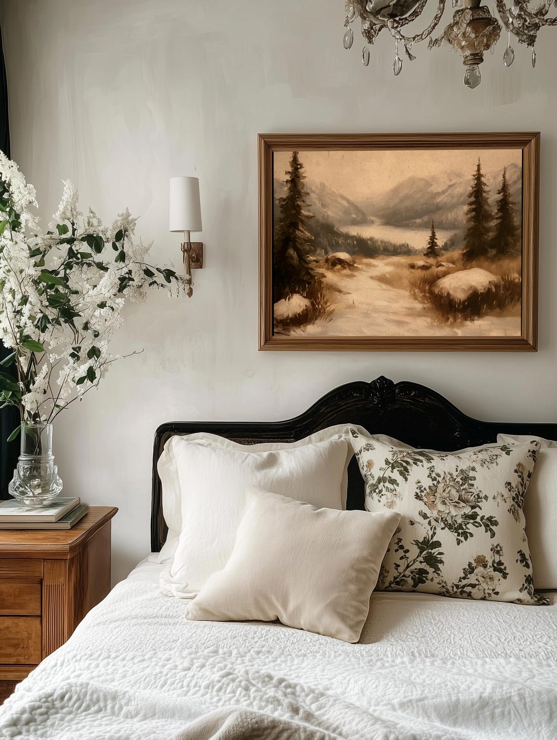 Snowy Mountain Valley Pines Winter Landscape Sepia Vintage Wall Poster - Image 2
