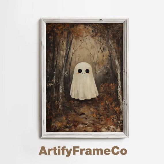 Smiling Ghost in a Dark Autumn Forest Whimsical Vintage Halloween Wall Art
