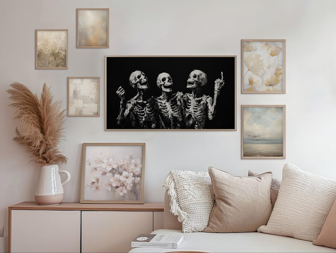 Skeleton Trio in Black and White Minimalist Monochrome Halloween Wall Art - Image 2