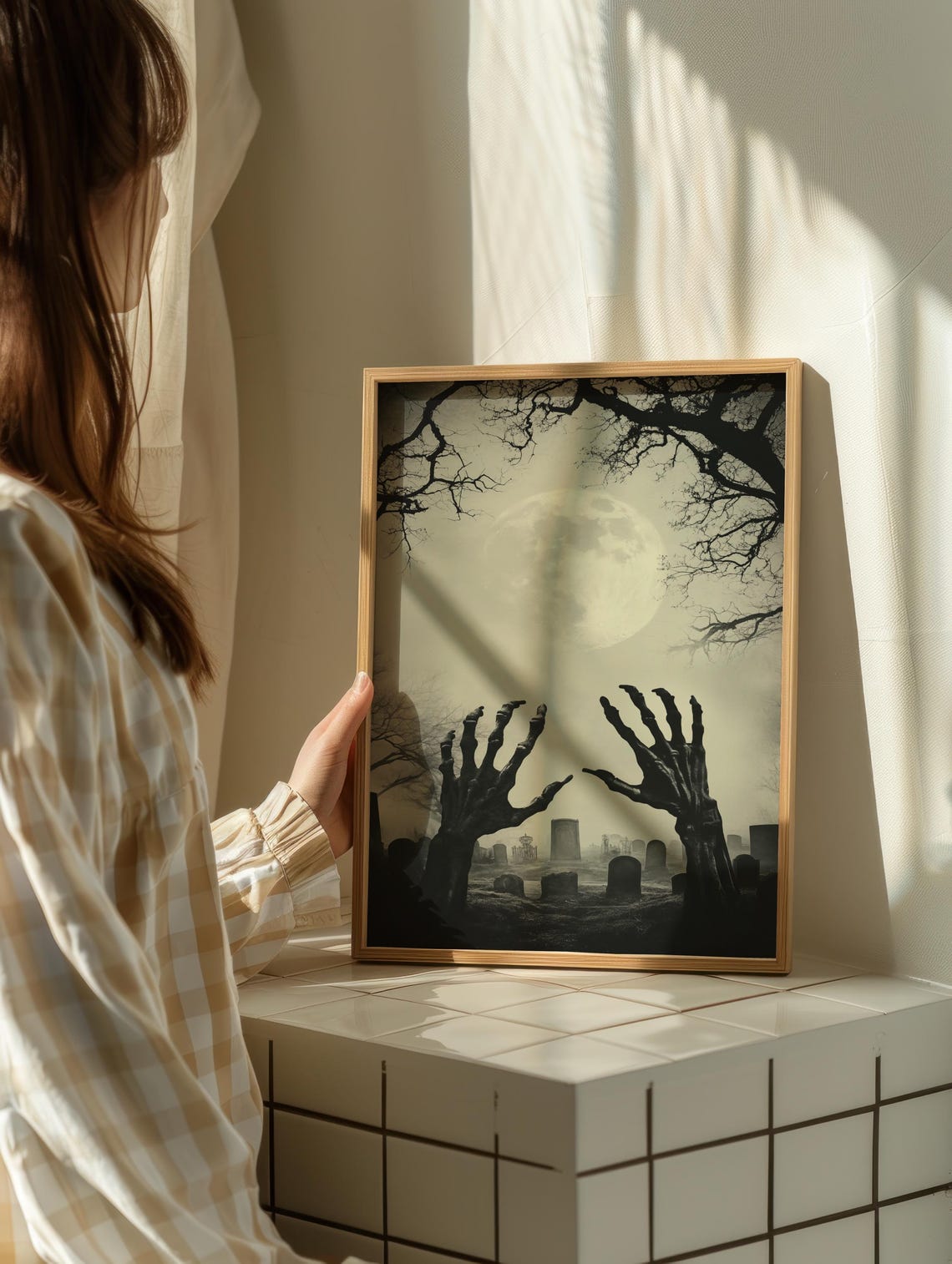 Zombie Hands Rising In Graveyard Under Full Moon Horror Poster - Image 2