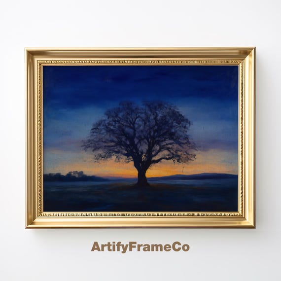 Rustic Landscape Wall Art Twilight Oak Atmospheric Oil Painting Moody Tree Wall Decor Textured Wh0007
