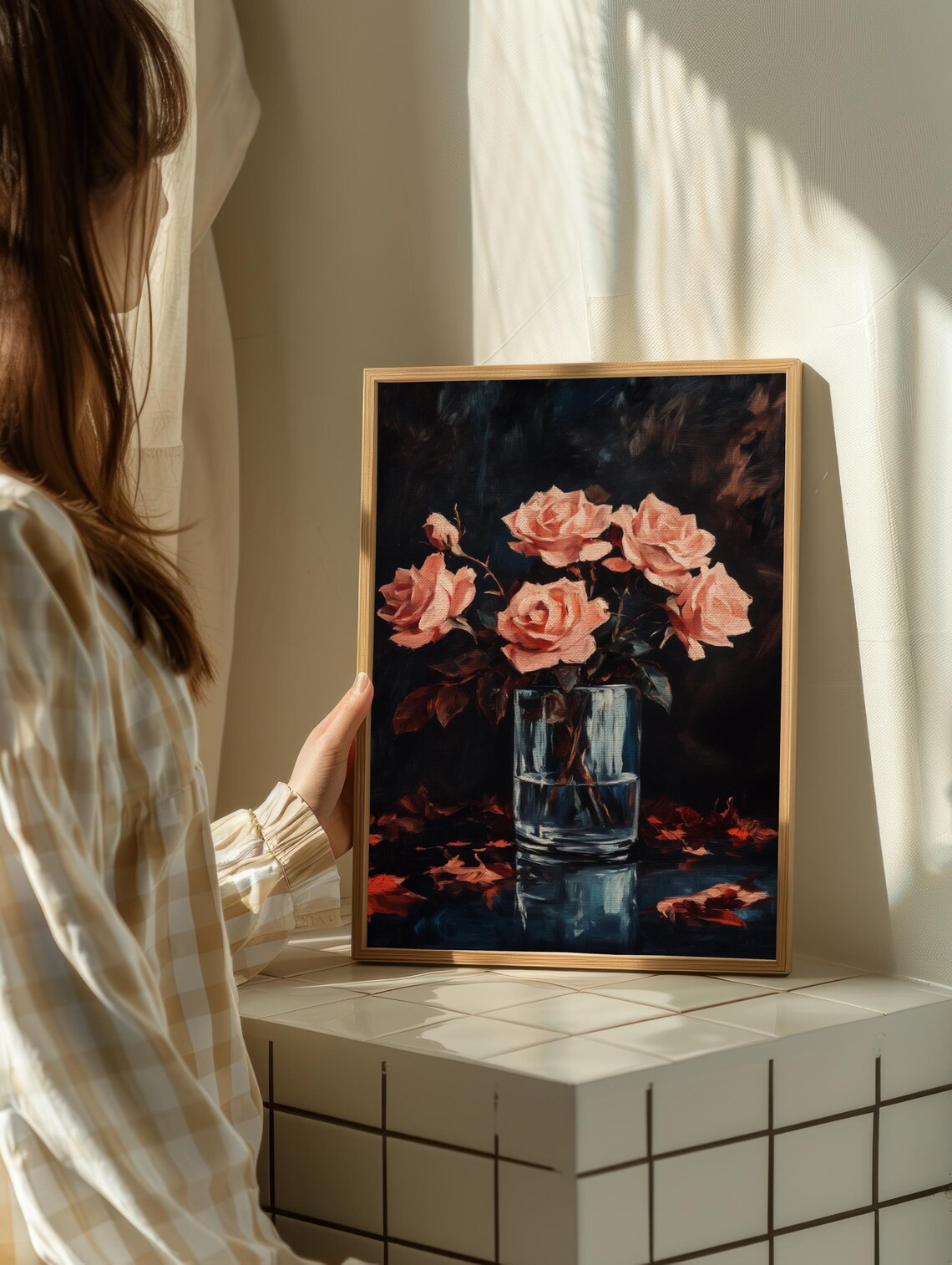 Blush Roses Glass Vase Moody Dark Floral Oil Painting Style Poster - Image 2