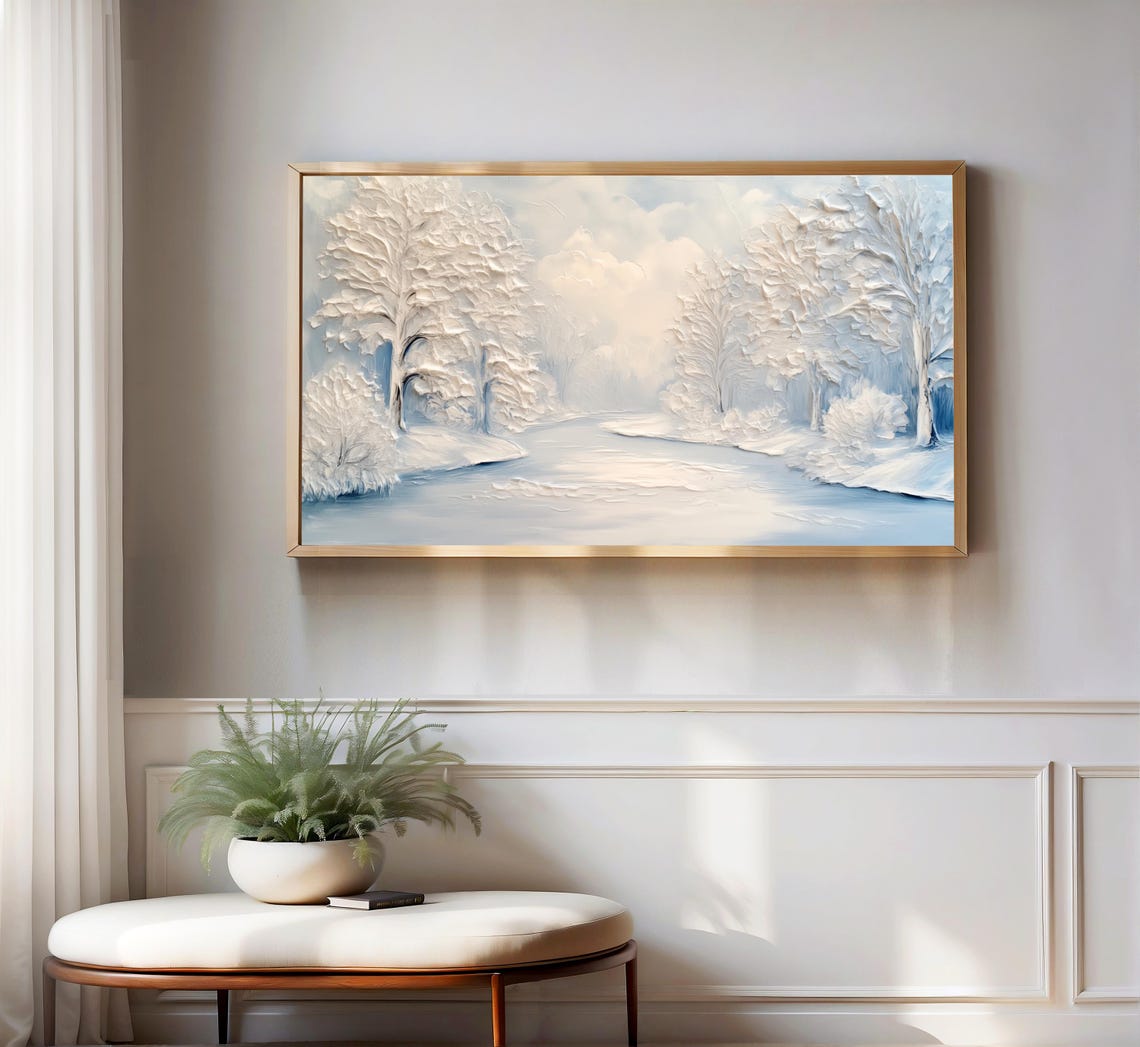 Frosted Winter Trees Frozen River Textured Impasto Painting Poster - Image 3