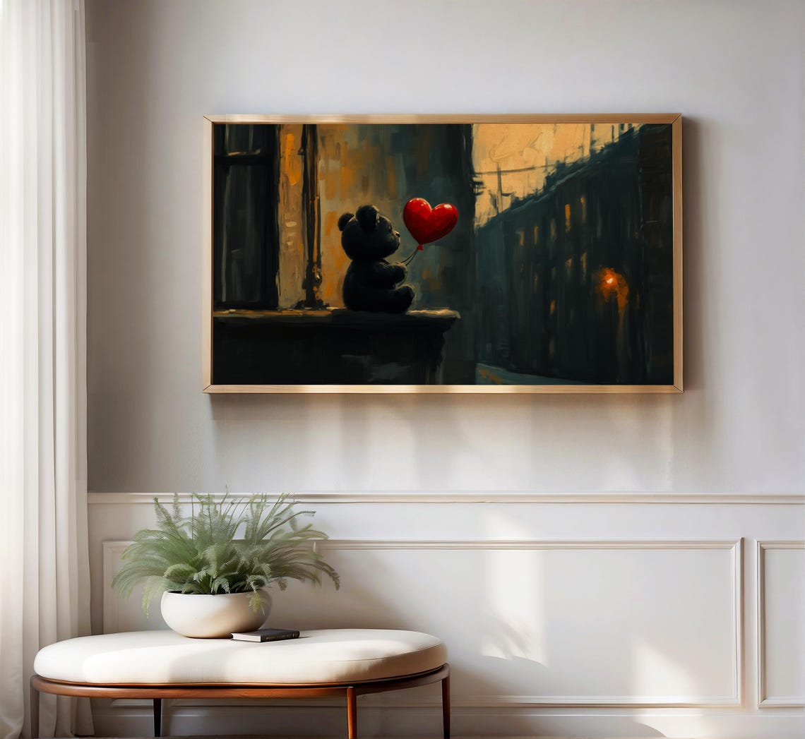 Teddy Bear with Red Heart Balloon Overlooking City Dusk Moody Poster - Image 3