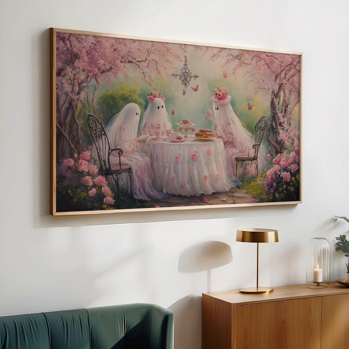 Pink Ghosts Tea Party in a Cherry Blossom Garden Vintage Halloween Wall Art - Image 4