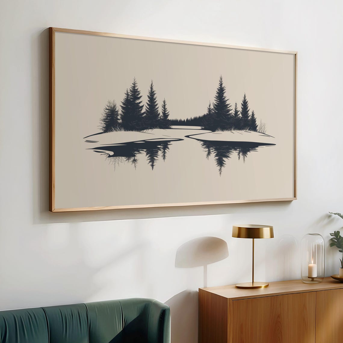 Frozen Lake With Pine Trees Mirror Reflection Winter Art Poster - Image 2