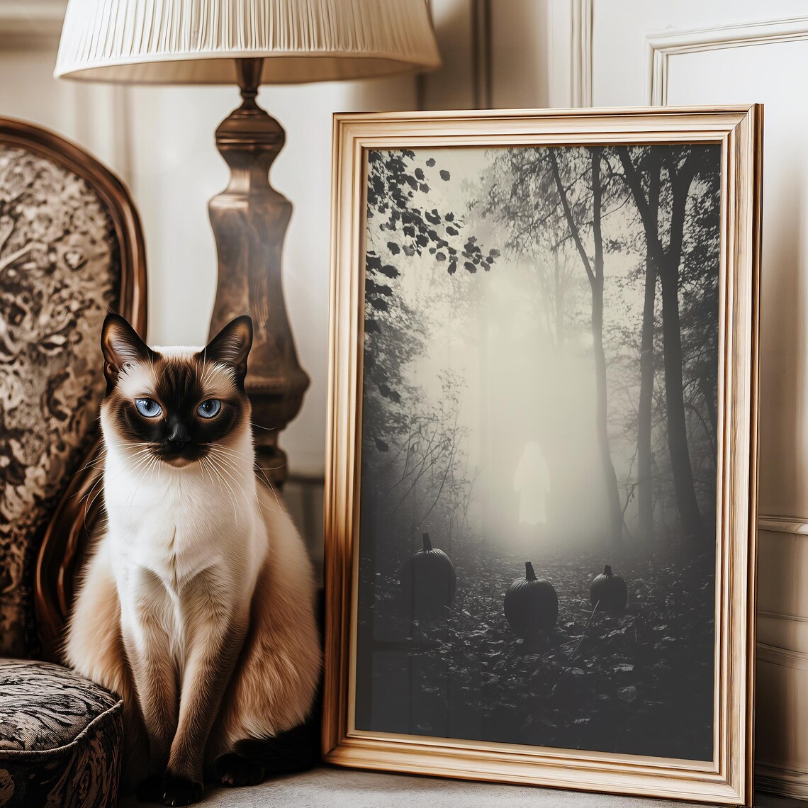 Ghostly Figure In Foggy Pumpkin Forest Moody Halloween Poster - Image 3
