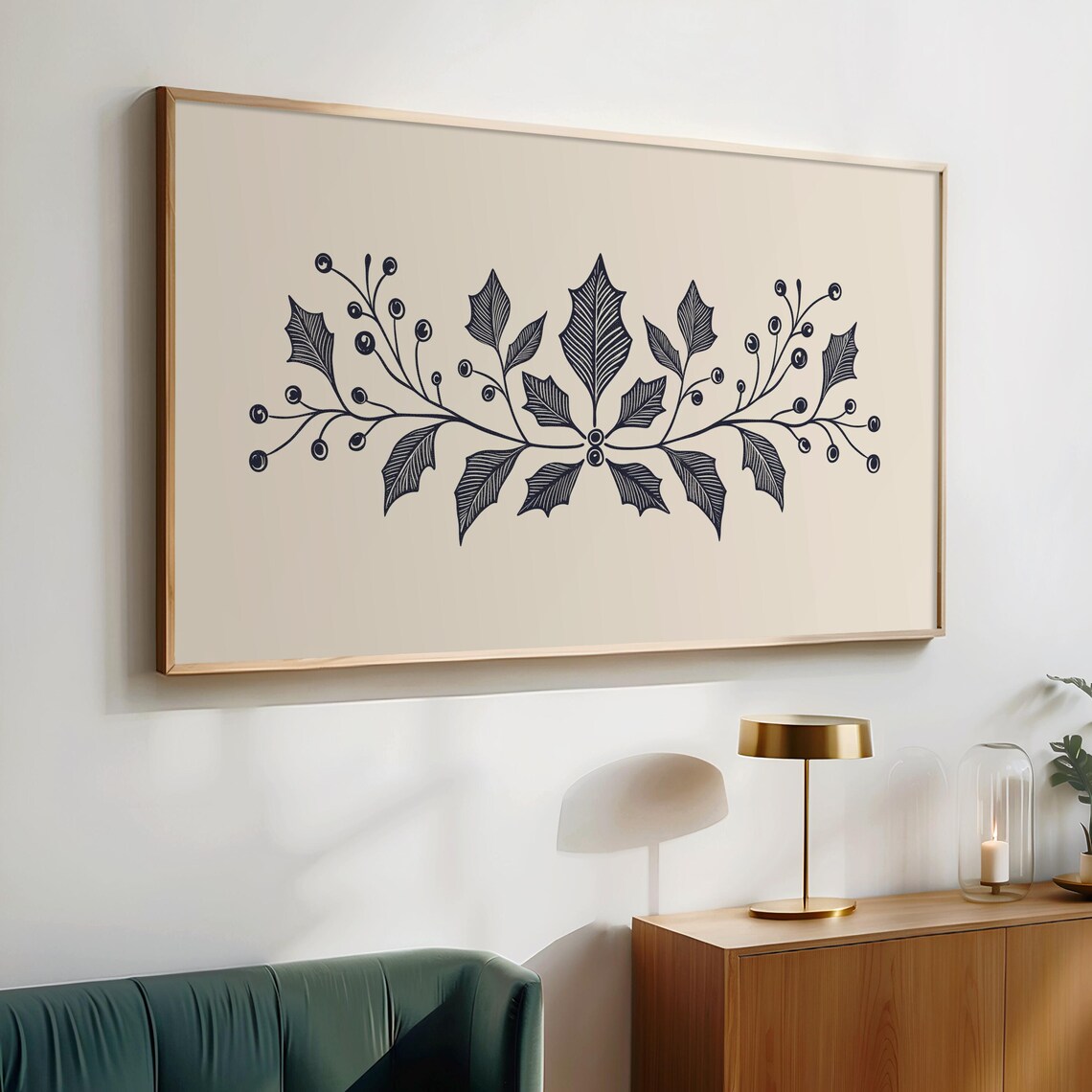 Classic Holly Berries Winter Garland Line Art Frame TV Poster - Image 2