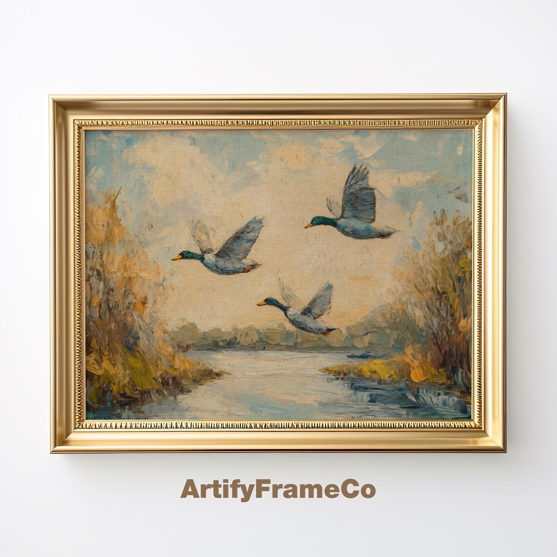 Vintage Flying Ducks Oil Painting River Landscape Art Print