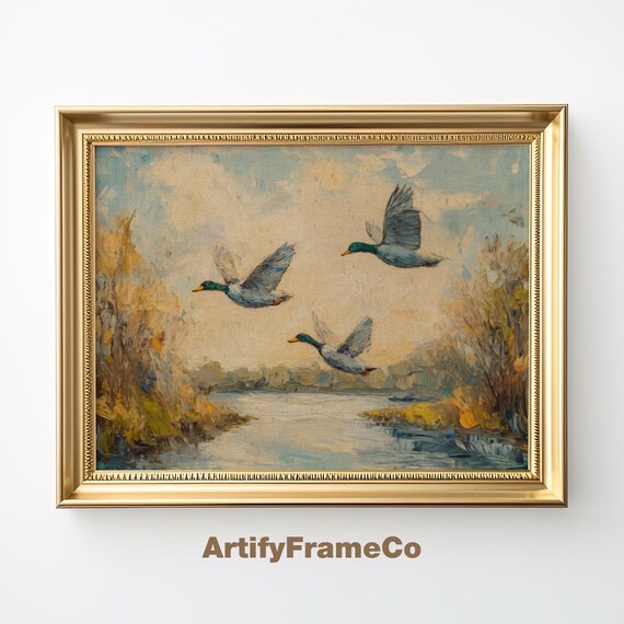 Vintage Flying Ducks Oil Painting River Landscape Art Print