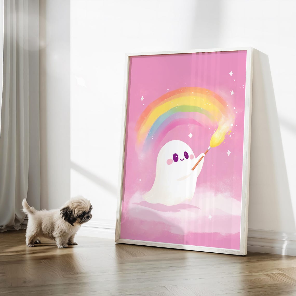 Cute Ghost Painting A Big Rainbow With Magic Brush Pink Poster - Image 3