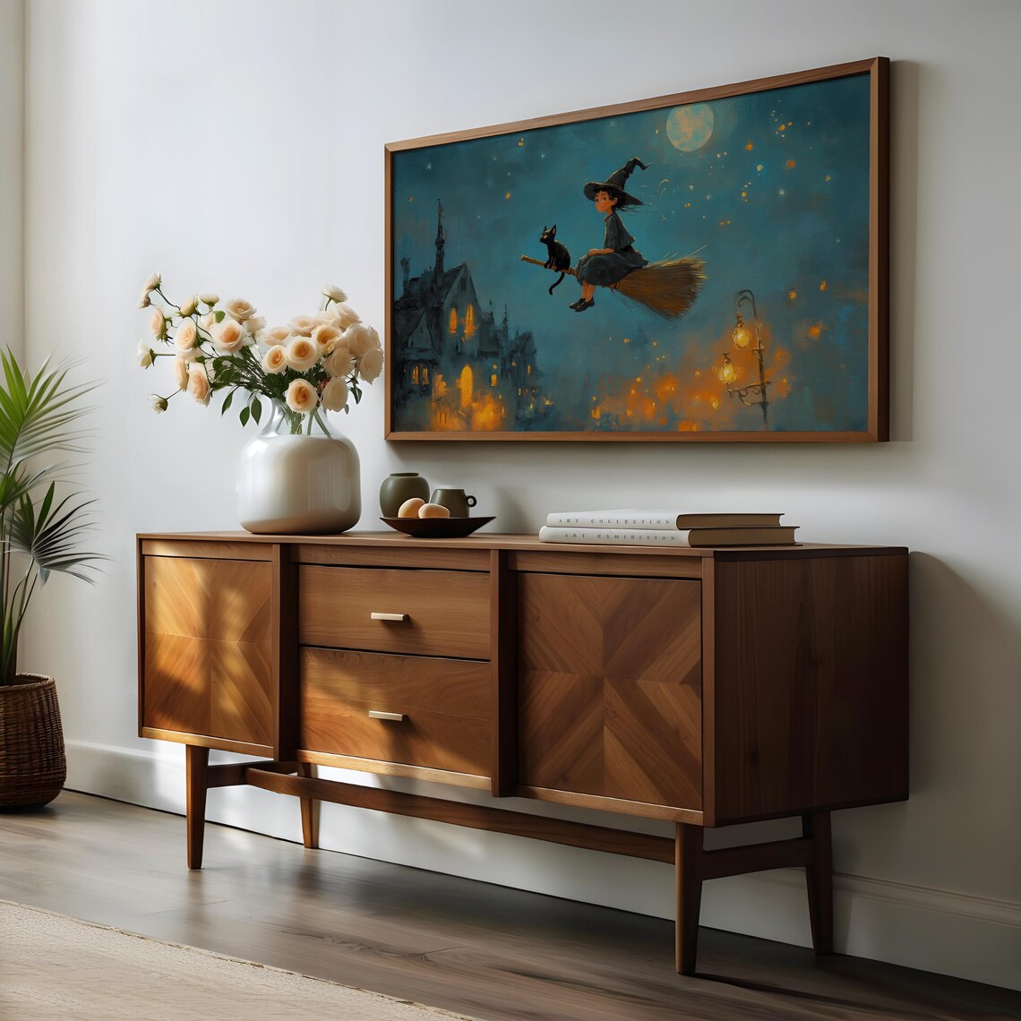 Young Witch and Black Cat Flying on a Broom Under the Moon Halloween Wall Art - Image 3