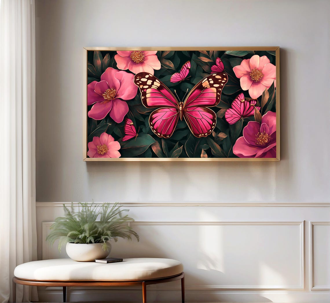 Pink Butterflies and Blossoms Dark Botanical Glam Garden Art Poster - Image 3