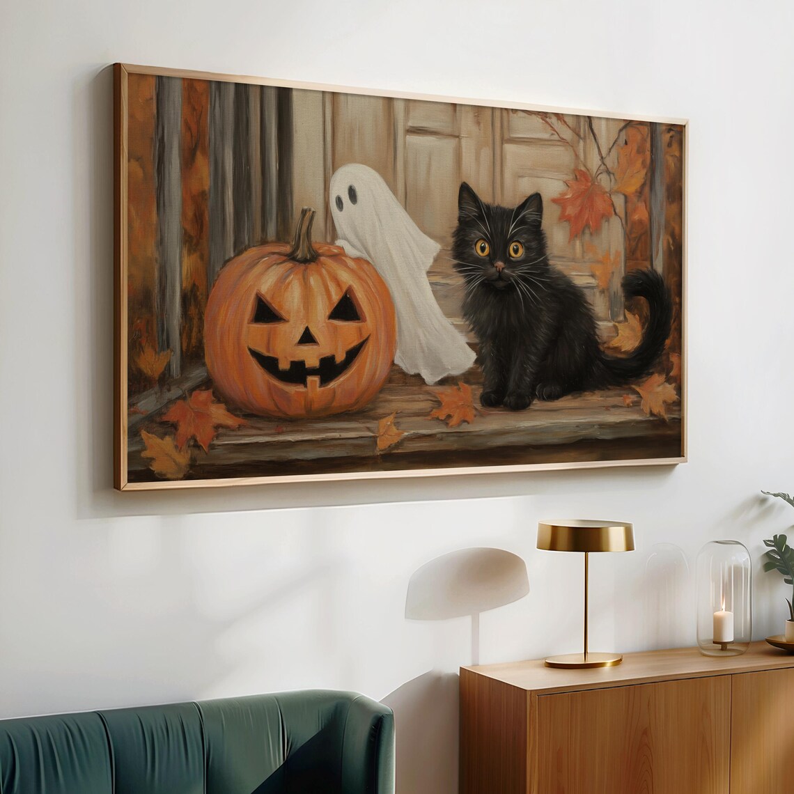 Black Cat With Ghost and Jack O Lantern Cozy Vintage Halloween Scene Wall Art - Image 4