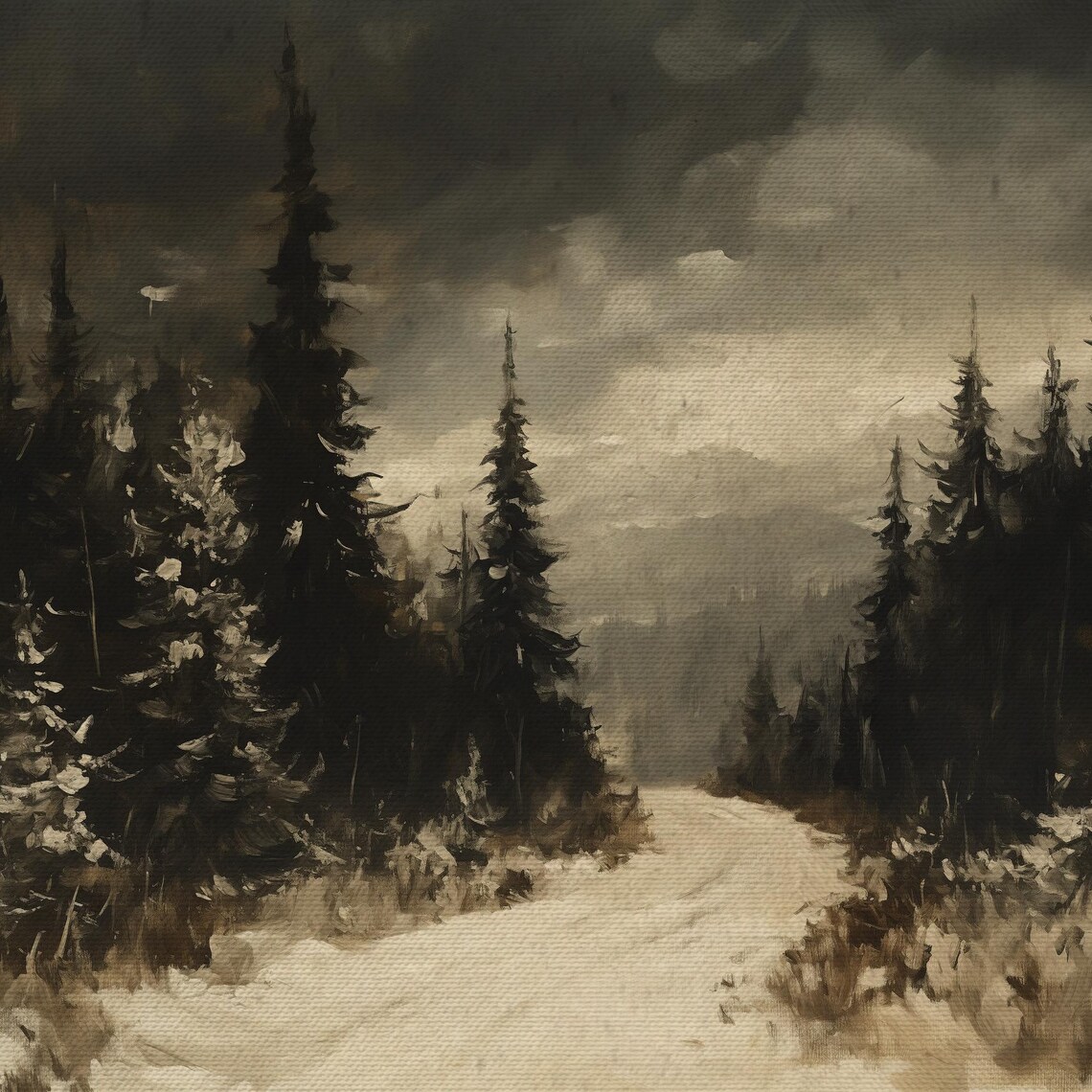 Dark Winter Forest Path Snowy Pine Trees Moody Monochrome Painting Art Print - Image 4