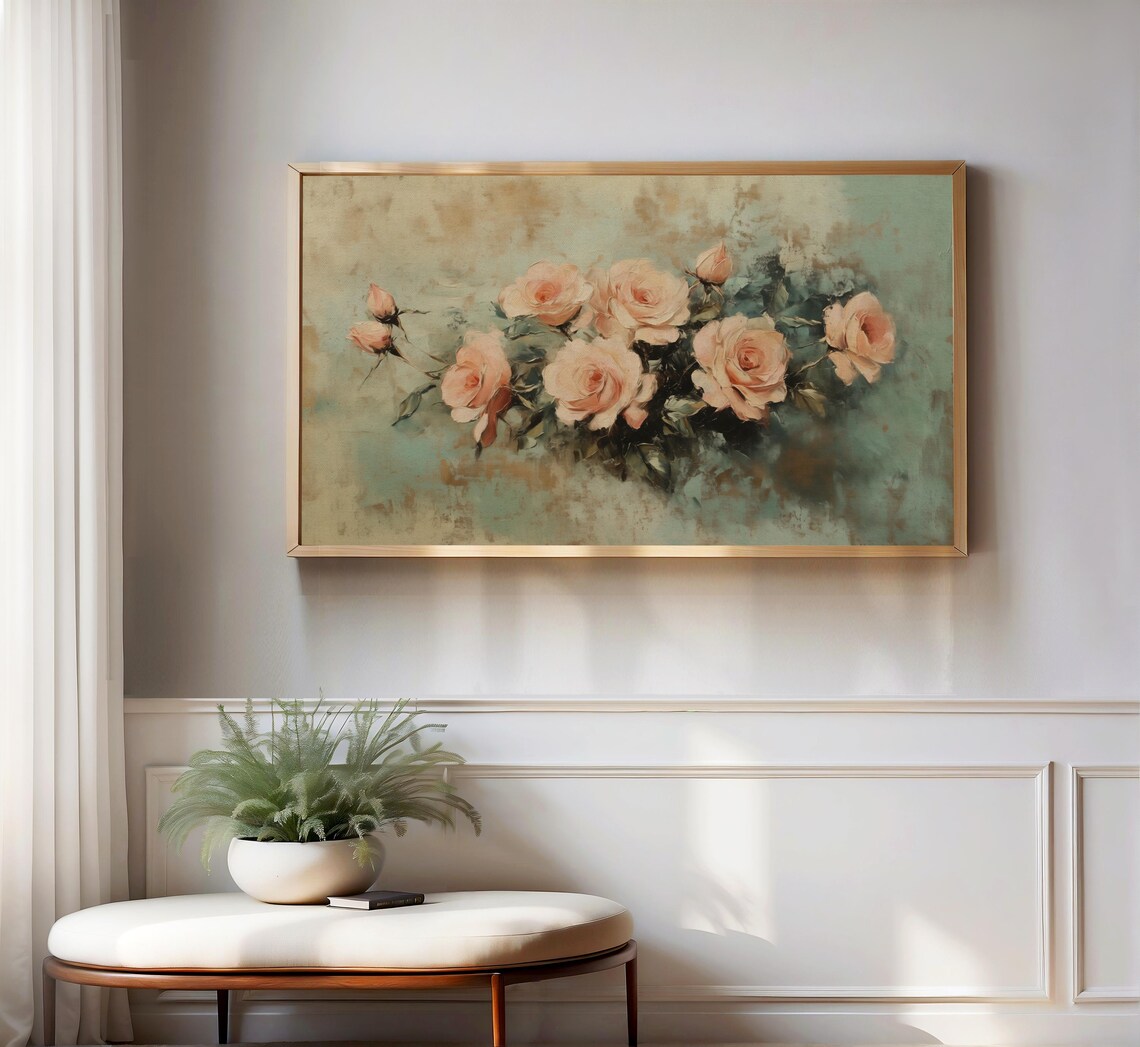 Peach Roses Garland Swag Sage Green Romantic Vintage Painting Poster - Image 3