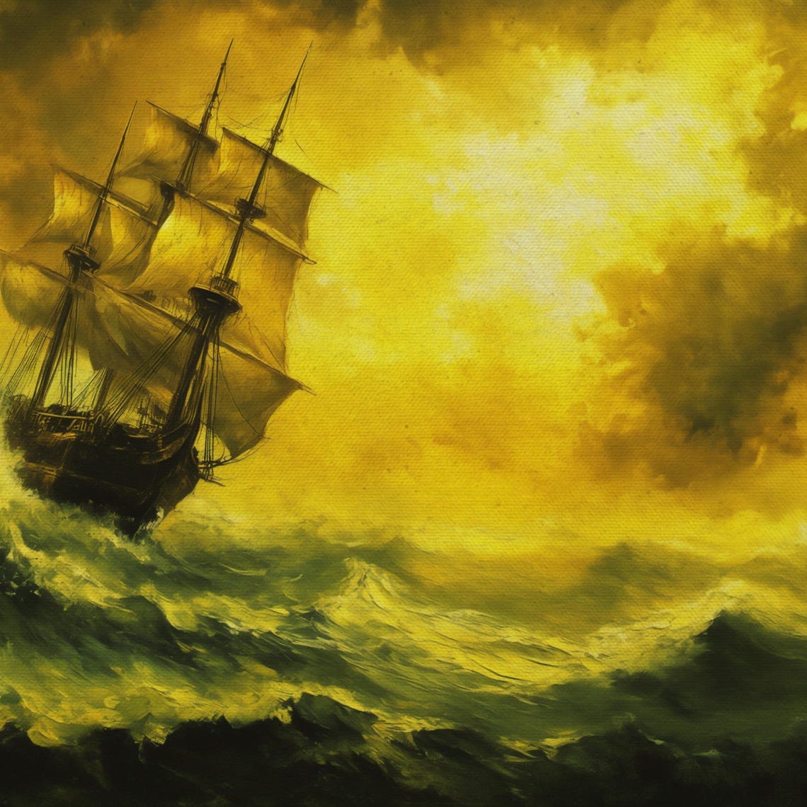Tall Ship on Golden Storm Waves Dramatic Seascape Vintage Oil Poster - Image 4