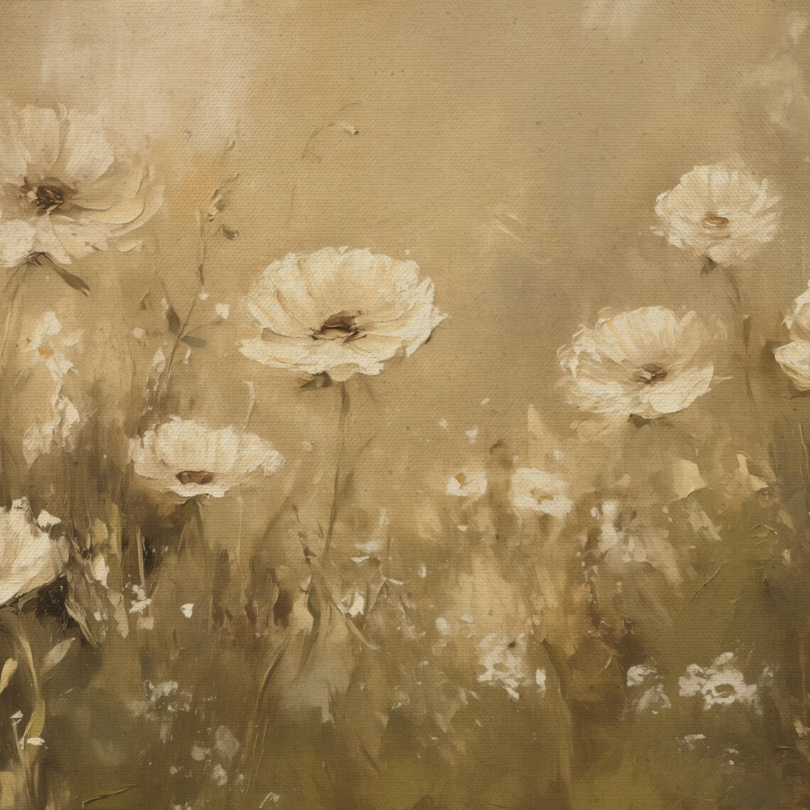 Cream Poppies In Golden Sepia Haze Soft Wildflower Meadow Art Print - Image 4