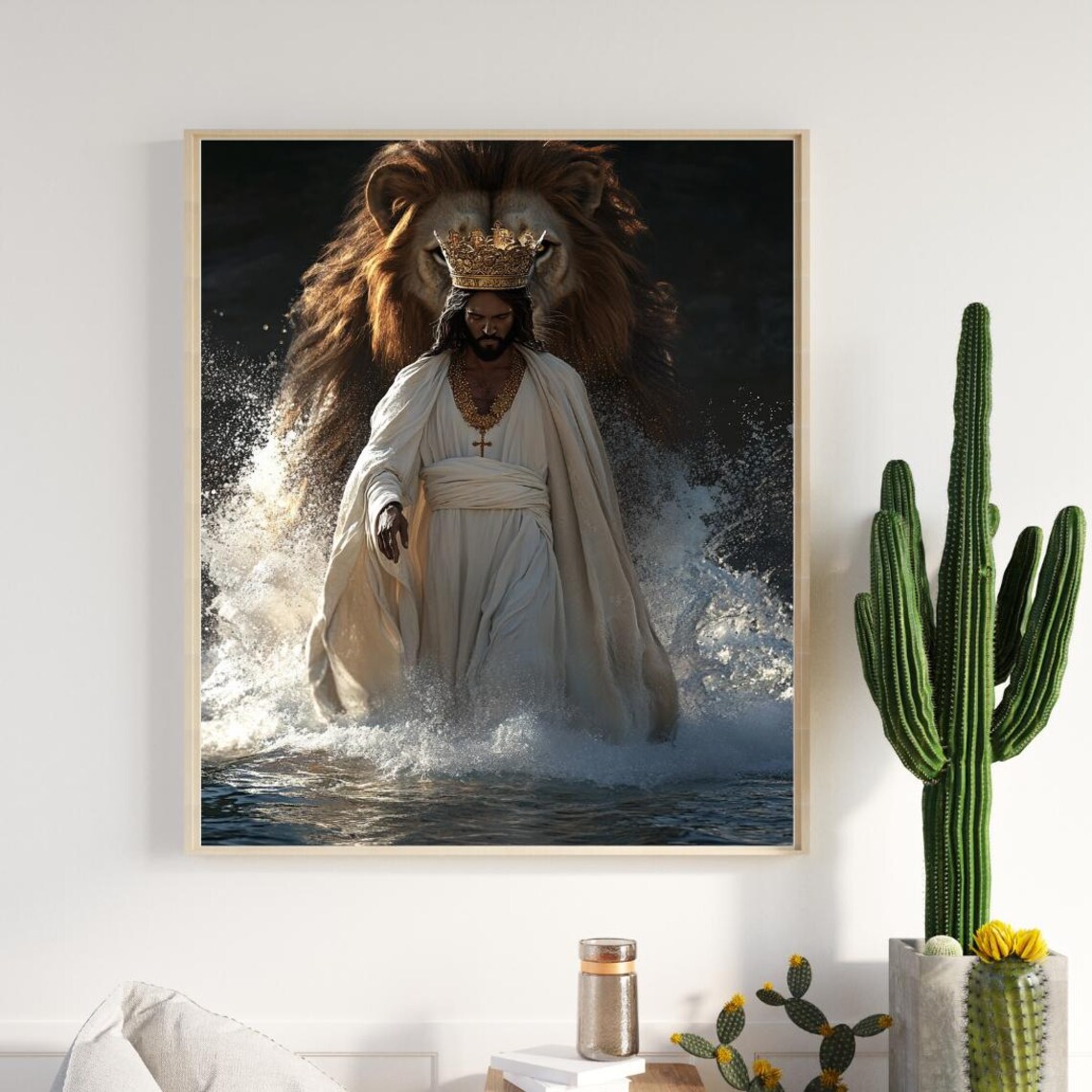 Crowned Jesus Walking on Water with Lion Behind King Spirit Poster - Image 2