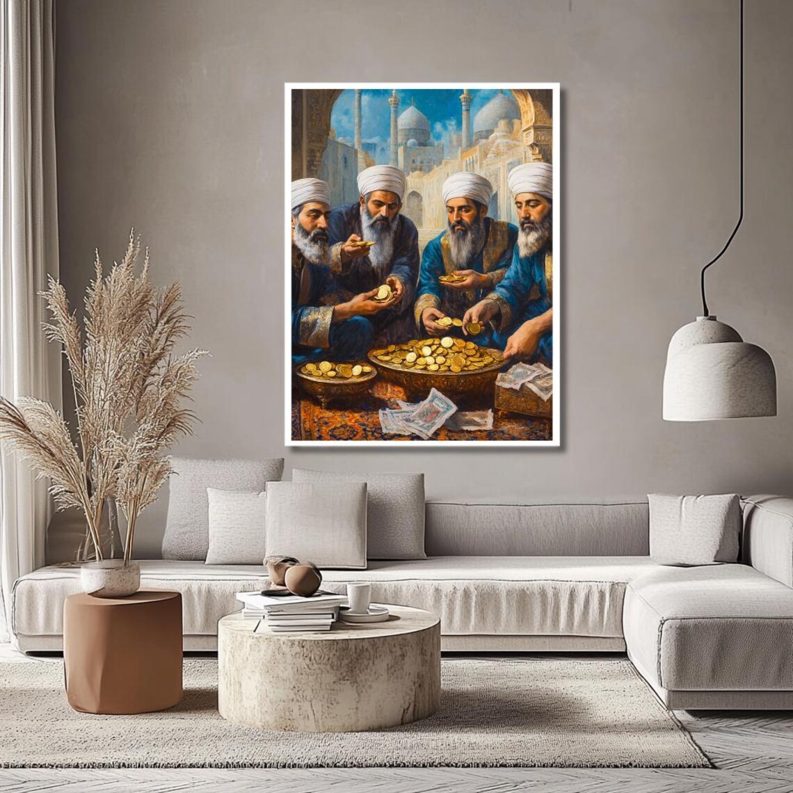 Middle Eastern Merchants Counting Gold Coins at Bazaar Poster - Image 2