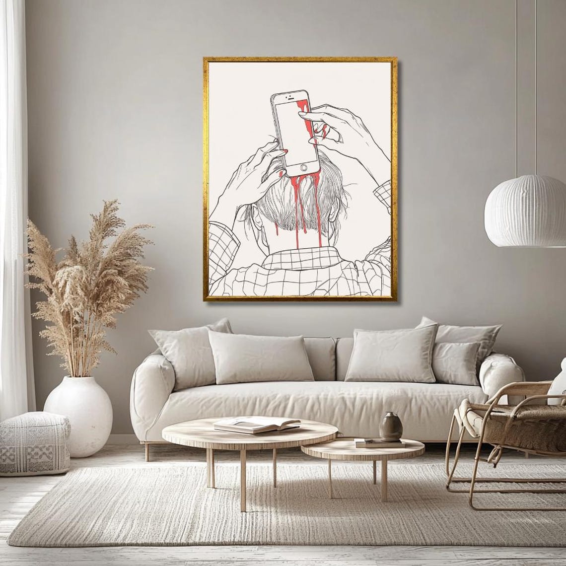 Minimalist Smartphone Addiction Line Art With Red Paint Drips Poster - Image 3