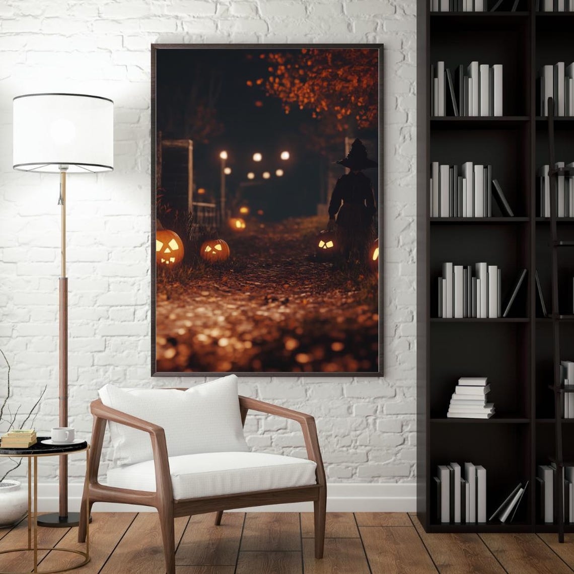 Witch with Pumpkin Lantern on Halloween Night Autumn Path Poster
