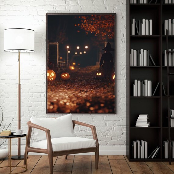 Witch with Pumpkin Lantern on Halloween Night Autumn Path Poster