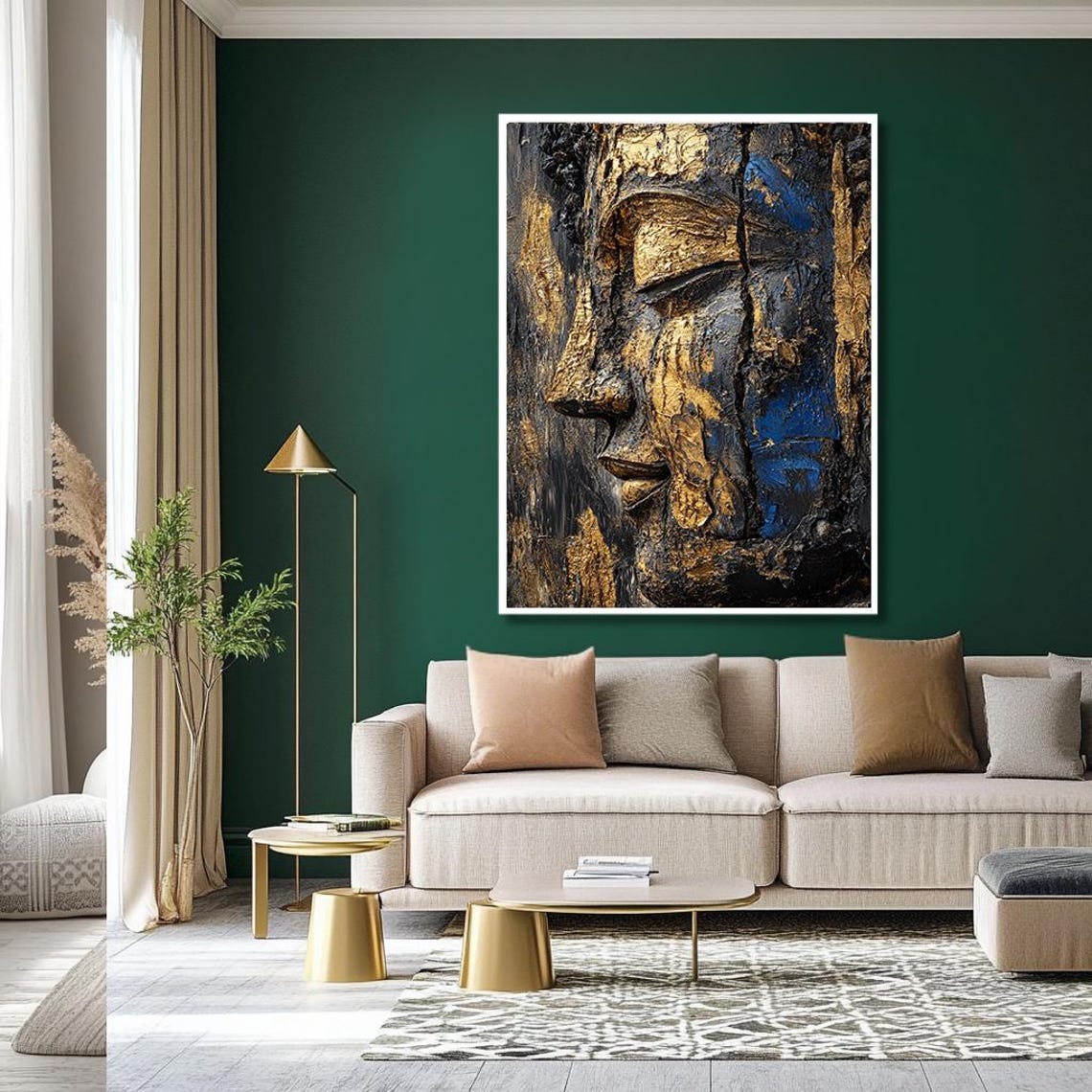 Golden Buddha Face Textured Blue Gold Abstract Zen Art Poster - Image 2