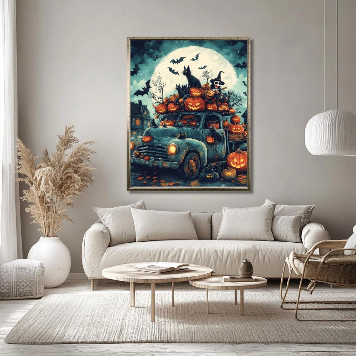 Vintage Truck Overflowing With Pumpkins Under a Full Moon Poster - Image 2