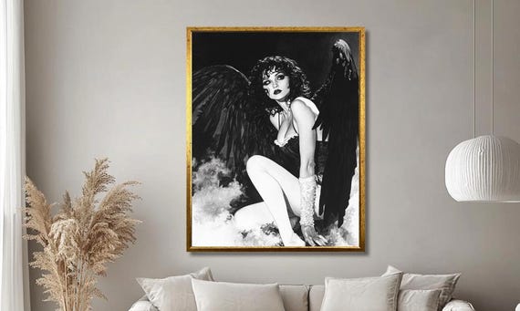Dark Angel Wall Art Black And White Fantasy Portrait With Gothic Wings Mysterious Female Figure Art For Living Room Art