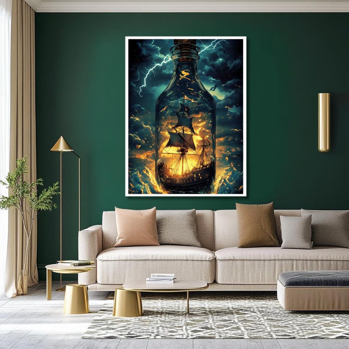Stormy Ship In A Bottle Wall Art Surreal Sailing Ship Amidst Lightning And Waves Dramatic Nautical Decor For Living Room - Image 2